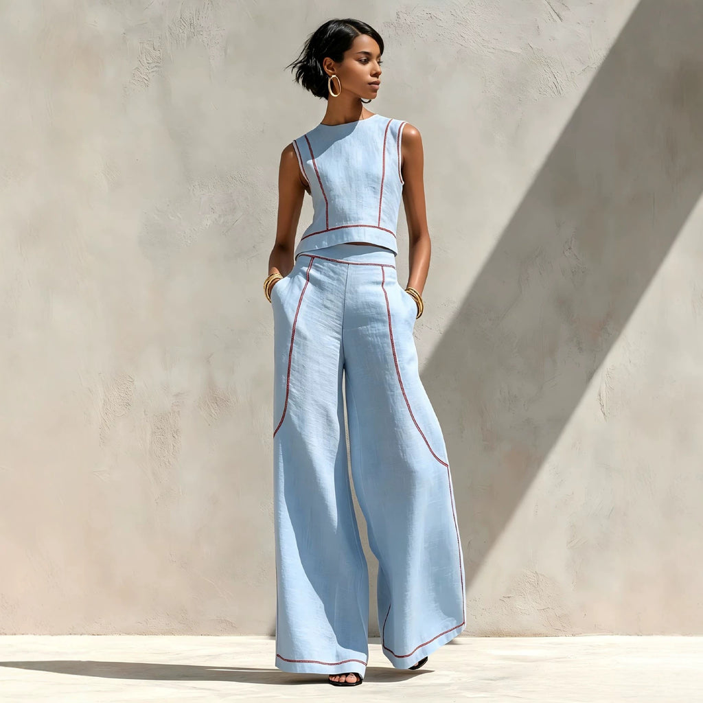 Sleeveless Color-Block Wide-Leg Pants Set Womens Summer Casual Chic Two-Piece Outfit by Ricaloux