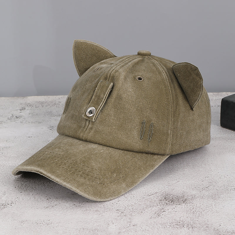 Washed And Distressed Three-dimensional Cat-ear Cat Whiskers Hole Baseball Cap, Sweet And Cool Street Style Daily Sun Protection – Premium 4 | RICALOUX