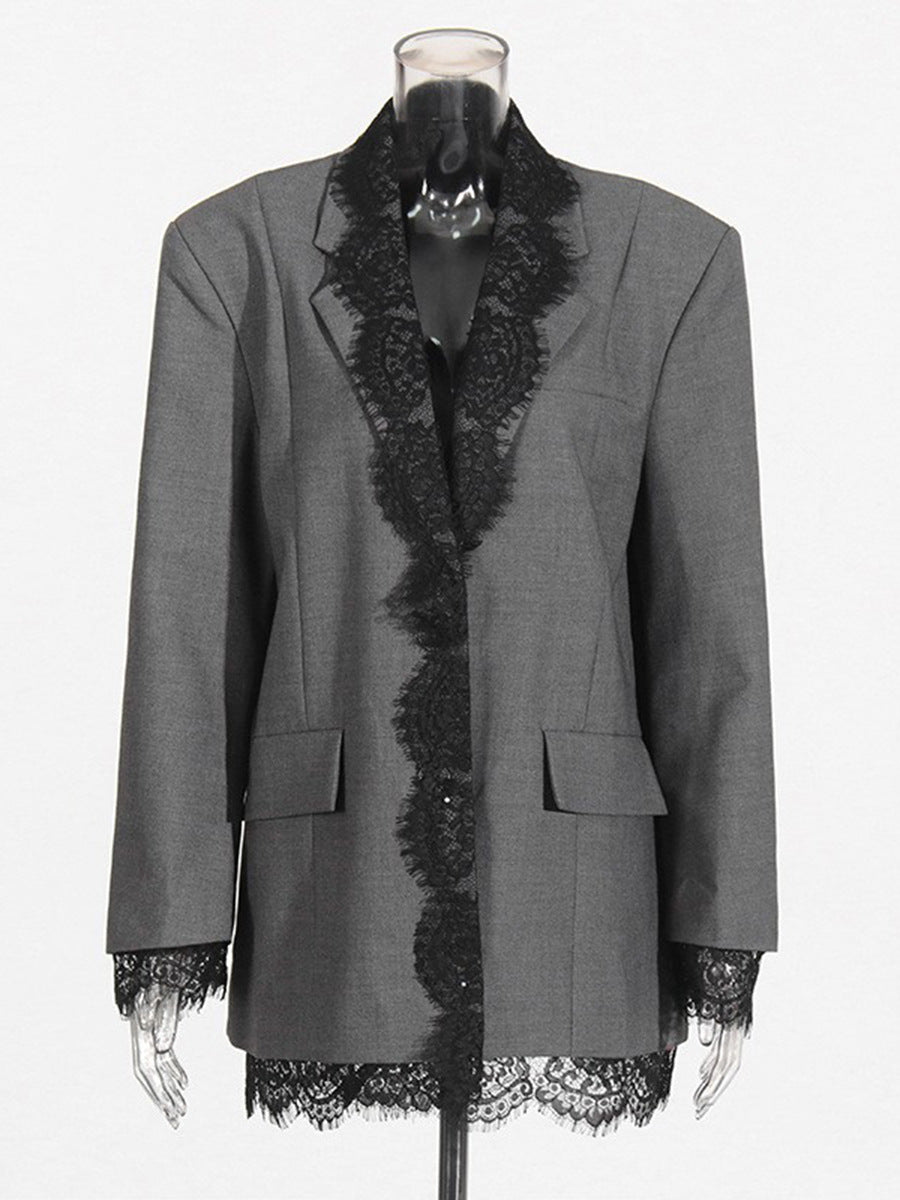 Elegant Grey Blazer Featuring A Lace-paneled Embroidered Lapel – Premium 4 | RICALOUX