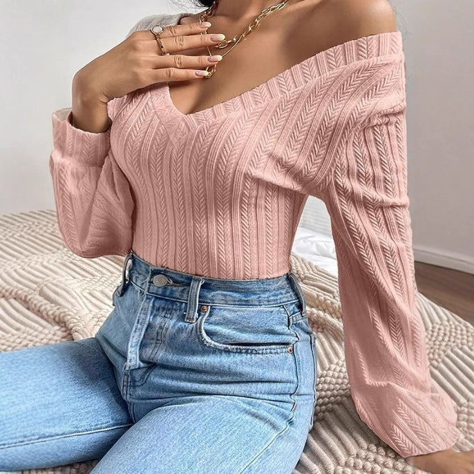 Womens Casual Knitted V-neck Long-sleeve Top – Premium 0 | RICALOUX
