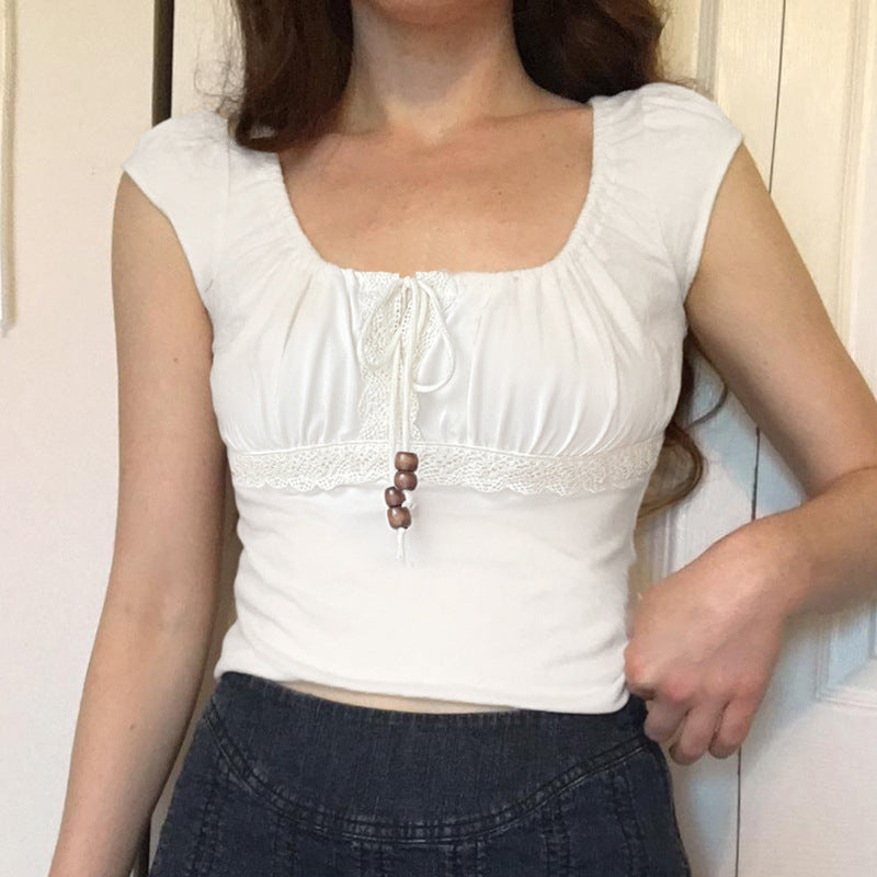 Retro Girly Beaded Drawstring Lace-panel Short Top by Ricaloux