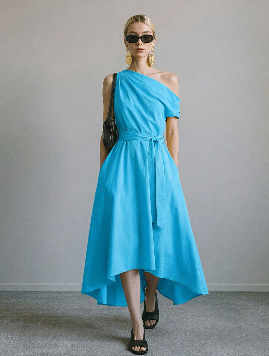 Irregular Hem Off-the-shoulder Waist-cinching Lace-up Elegant Womens Dress – Premium 0 | RICALOUX