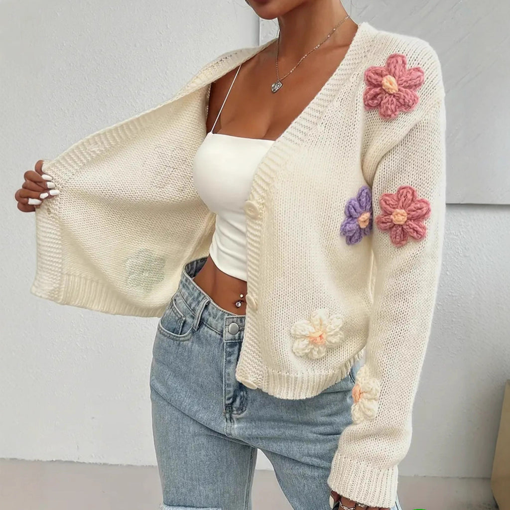 Womens Knitted Cardigan With Three-dimensional Floral Pattern And Hand-embroidered Flowers by Ricaloux
