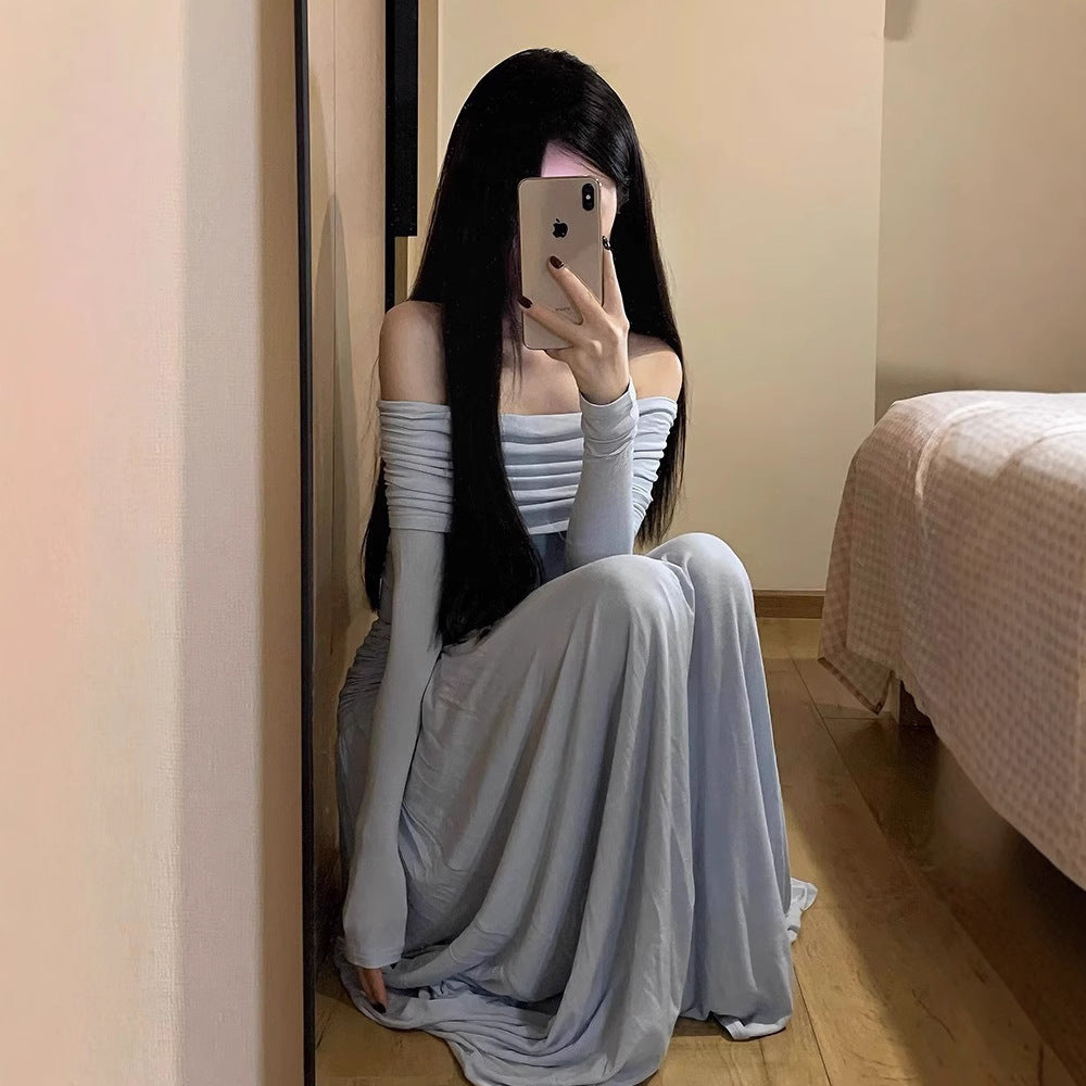 One-shoulder Figure-flattering Long-sleeve Slim-fit High-waist Skirt Two-piece Set by Ricaloux