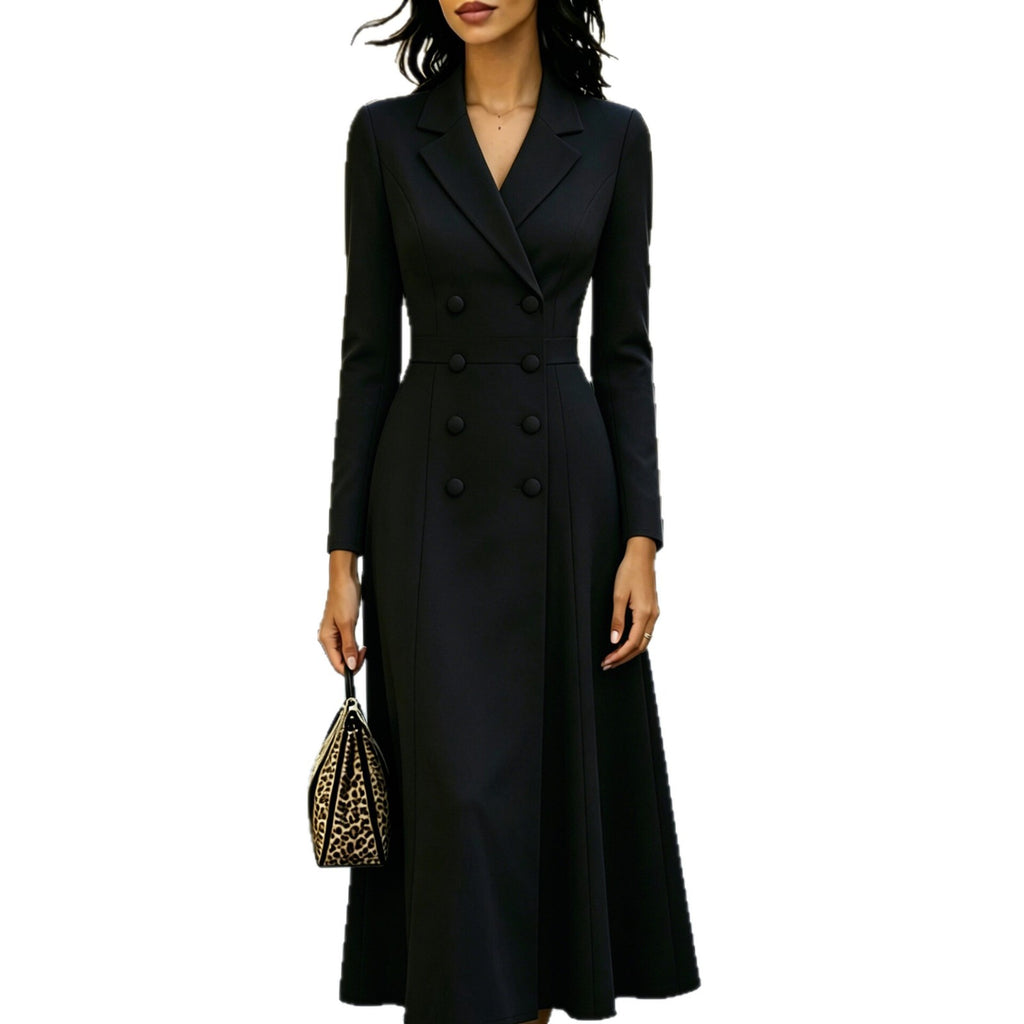Elegant Double-breasted Tailored Long Dress With A Cinched Waist And A Flared Skirt by Ricaloux