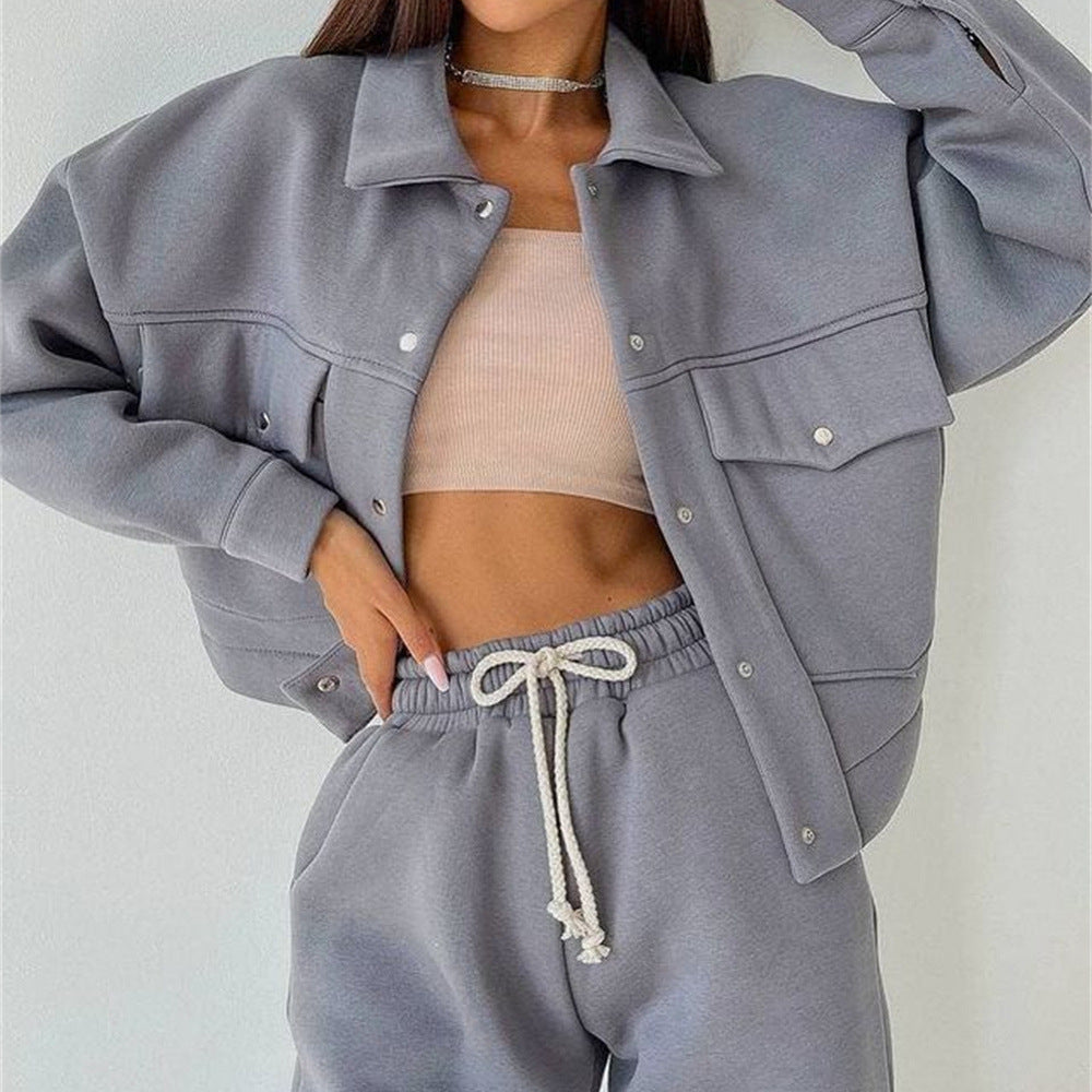 Casual Long-sleeve Two-piece Set Single-breasted Jacket And Sweatshirt by Ricaloux