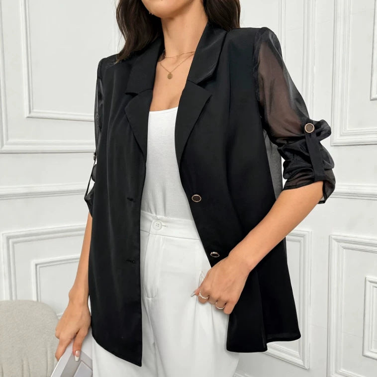 Fashionable Solid-color Suit With Rolled-up Sleeves Mesh Paneling And A Sheer Back by Ricaloux