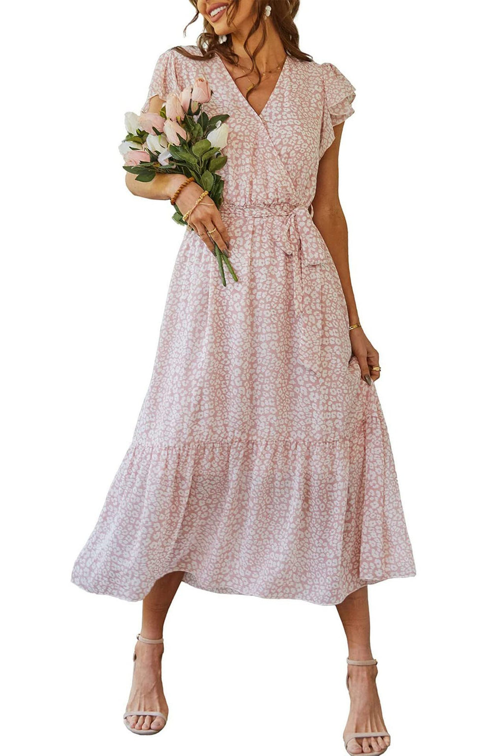 Womens Floral Print Flounce Short-Sleeve Midi Dress – Premium 0 | RICALOUX