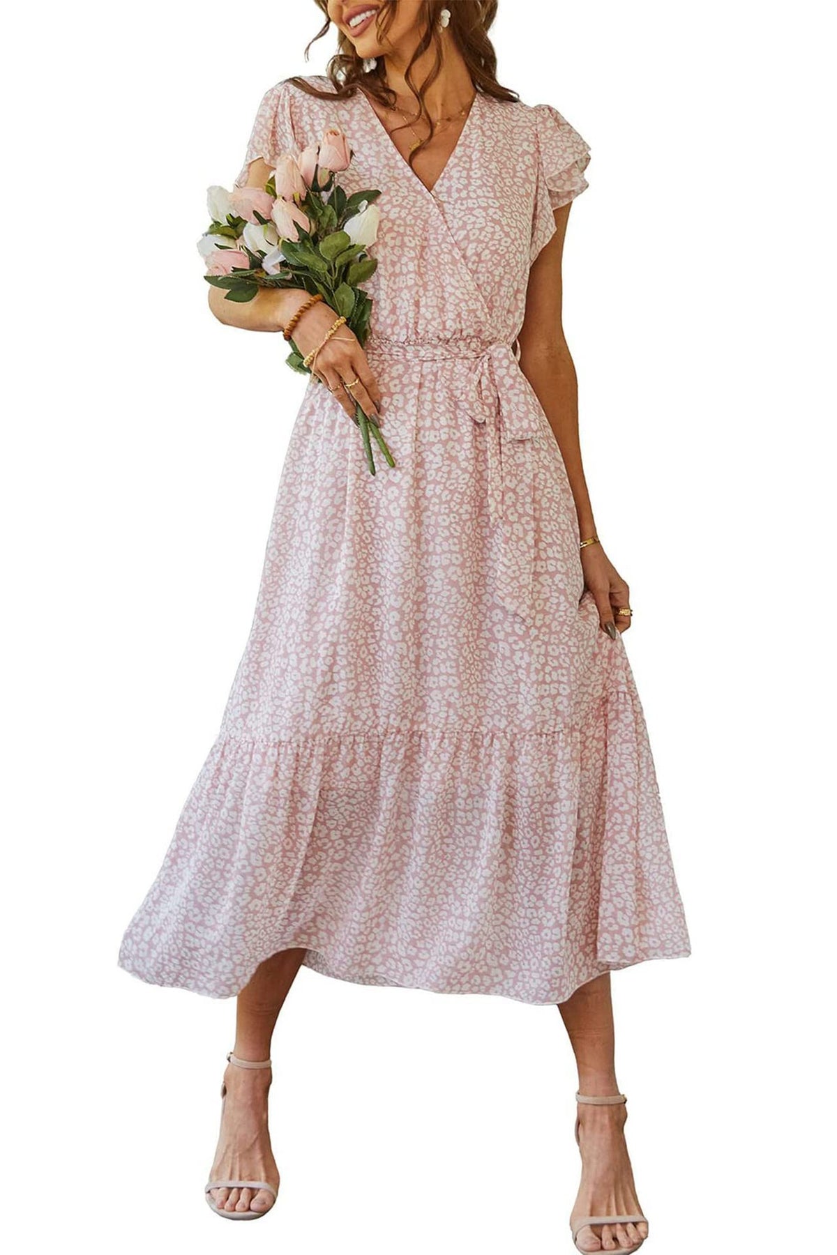 Womens Floral Print Flounce Short-Sleeve Midi Dress – Premium 0 | RICALOUX