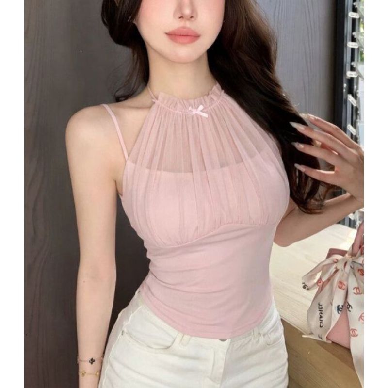 Mesh-Panel Halter Vest Camisole Womens Summer Sleeveless Top by Ricaloux