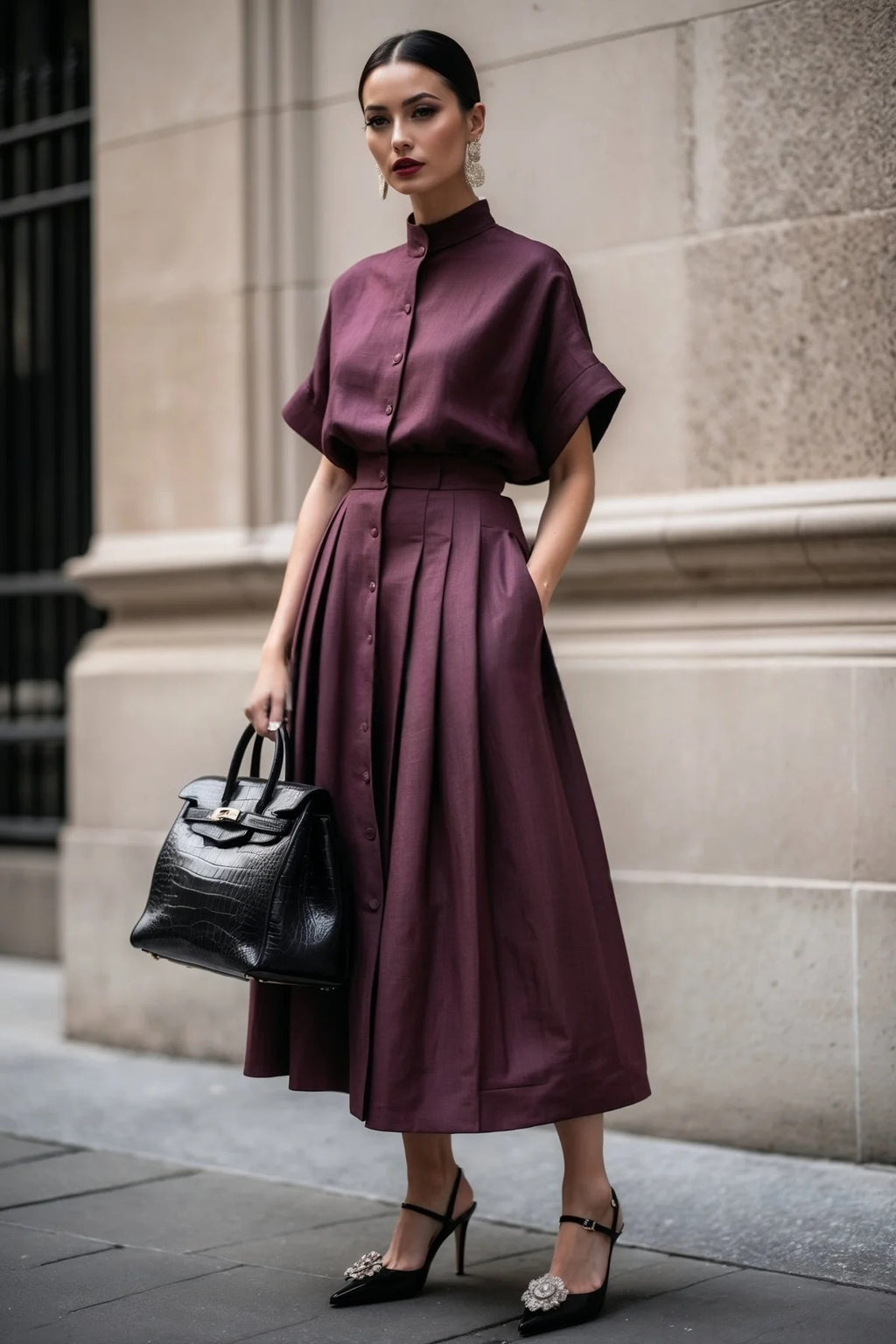 Solid-color Short-sleeve Turtleneck Top With Pleated Long Skirt by Ricaloux
