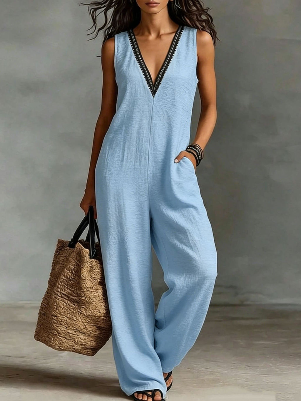 New Womens V-neck Sleeveless Wide-leg Jumpsuit – Premium 0 | RICALOUX