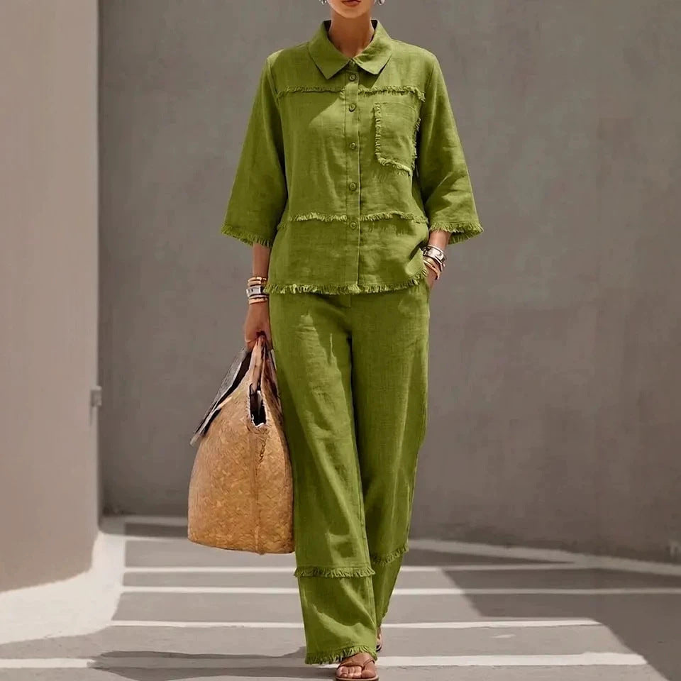 Stylish Casual Lapel Shirt Set With Raw-edged Blouse by Ricaloux