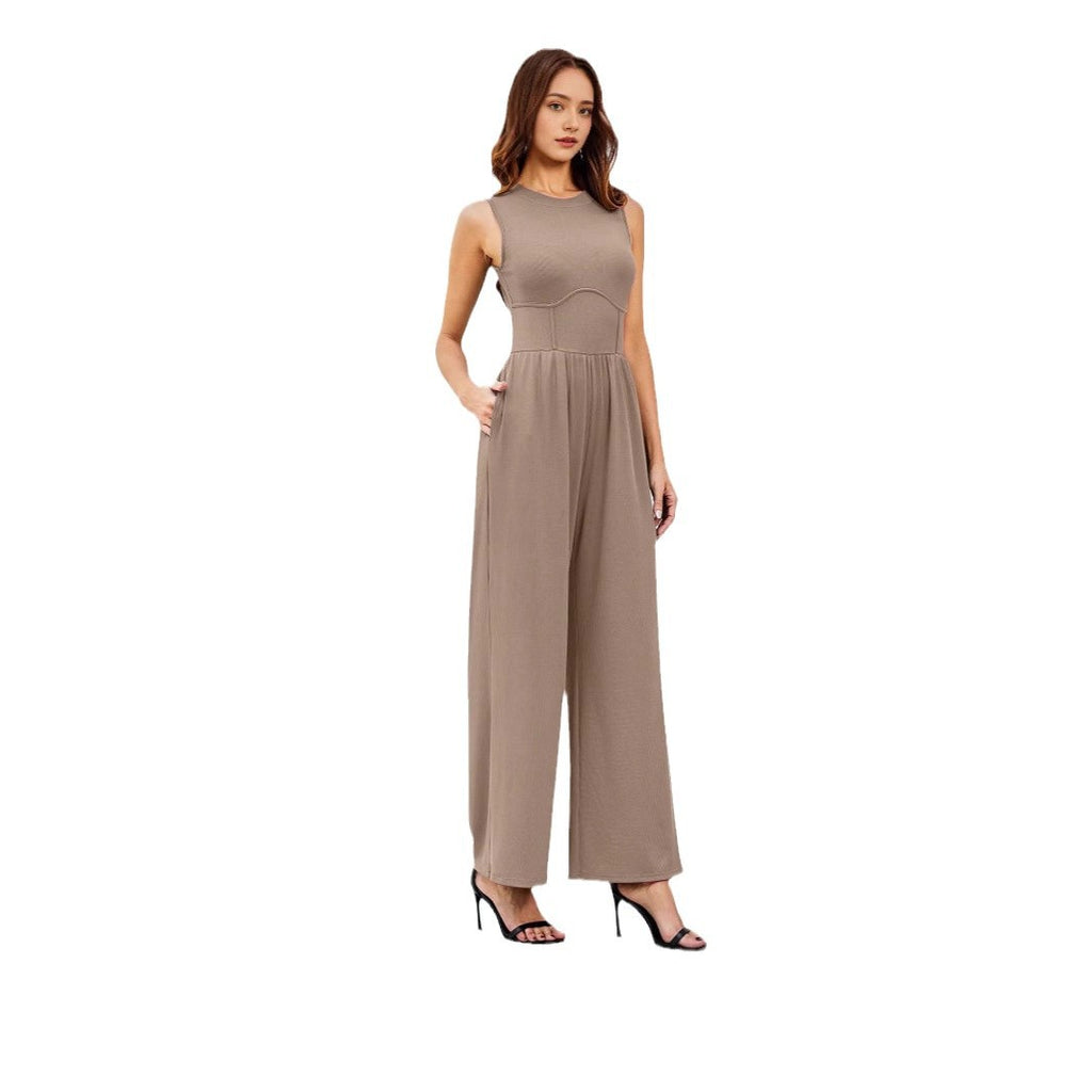 Womens Round-neck Solid-color Sleeveless Slim-fit Long Casual Jumpsuit by Ricaloux