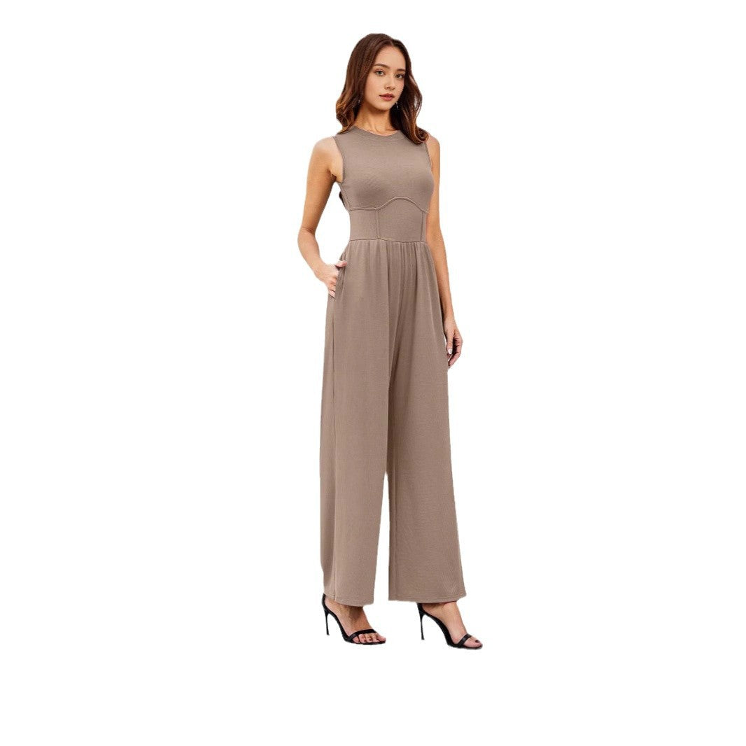 Womens Round-neck Solid-color Sleeveless Slim-fit Long Casual Jumpsuit by Ricaloux