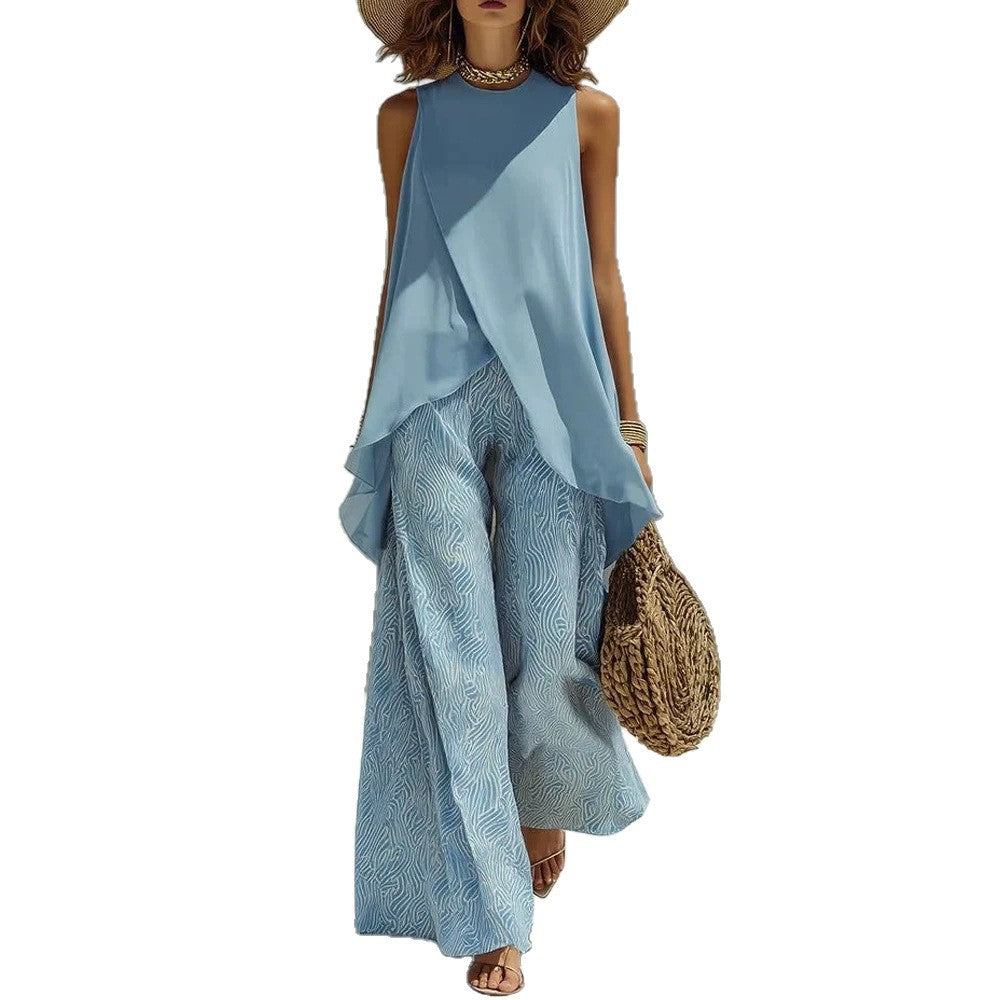 Womens Crew-neck Pullover Sleeveless Top And Long Pants Set by Ricaloux