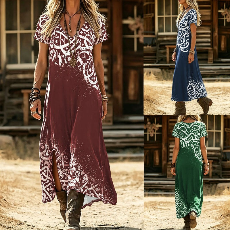 Women's V-Neck Short Sleeve Bohemian Print Split Hem Maxi Dress Casual Loose Long Dress For Vacation – Premium 4 | RICALOUX