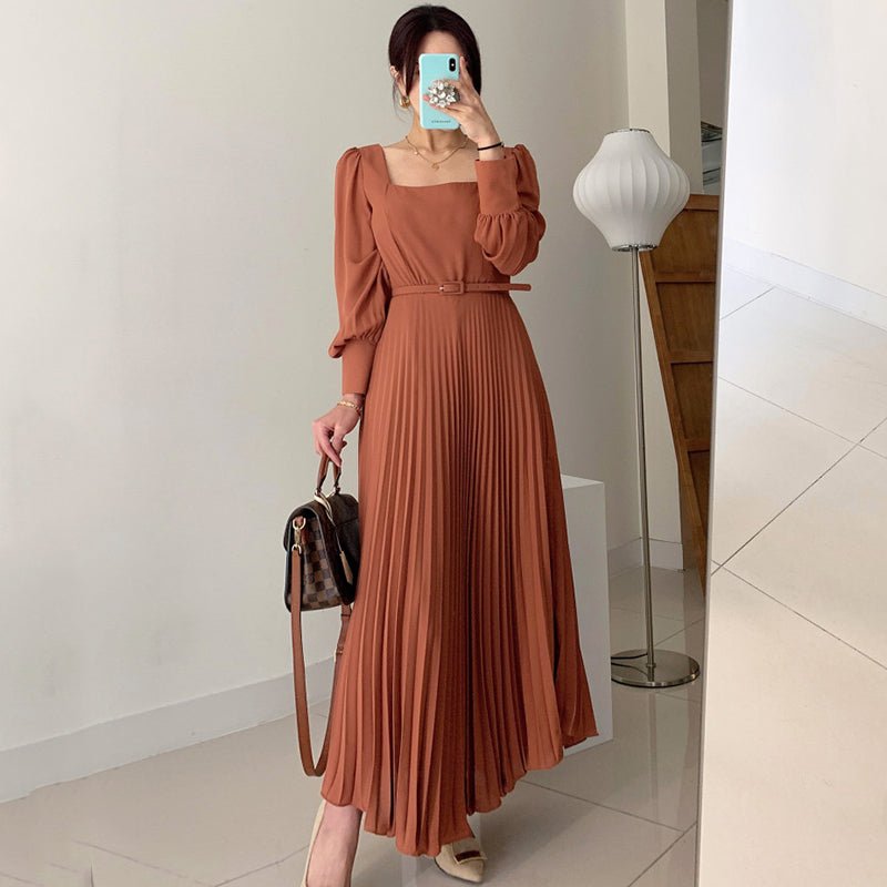 Square Collar Slim Waist Lantern Sleeve Long Pleated Dress - RICALOUX