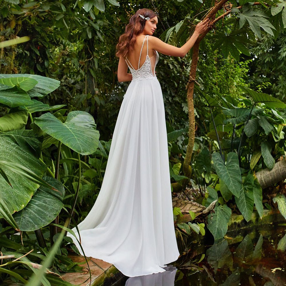 Sexy Side Slit A-Line Wedding Dresses Boho Beading Spaghetti Straps Sleeveless Lace Appliques Backless Chiffon Bridal Dresses - RICALOUX