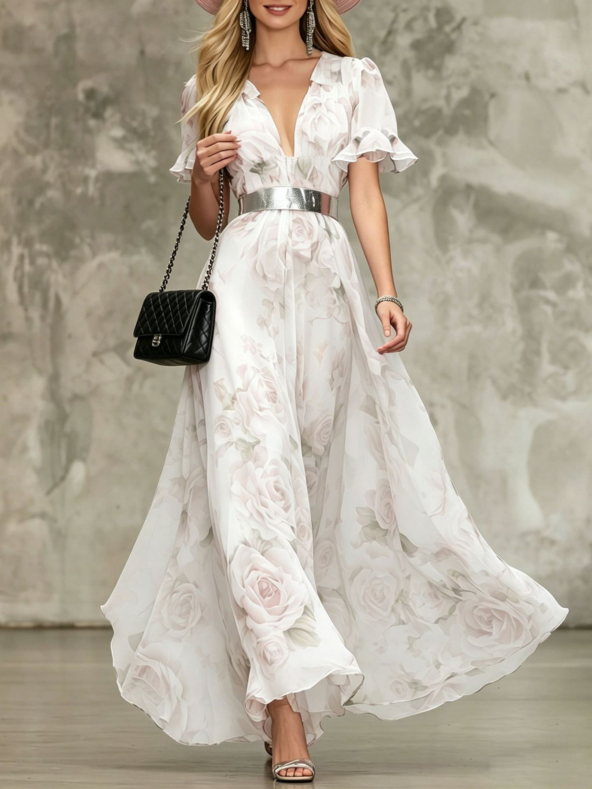 French-Style Romantic Rose-Print Chiffon Maxi Dress – Premium 0 | RICALOUX