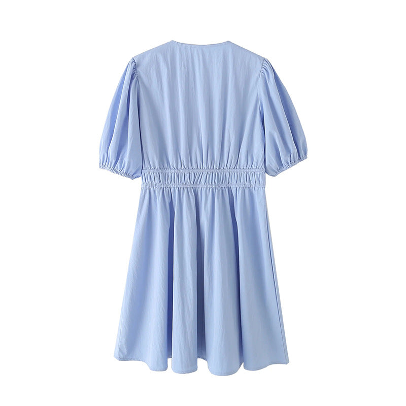 Bow-tie Deep V-neck High-waisted Lantern-sleeve Short A-line Dress – Premium 0 | RICALOUX