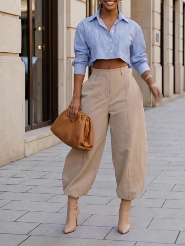 Light Blue Striped Cropped Button-Down Shirt by Ricaloux