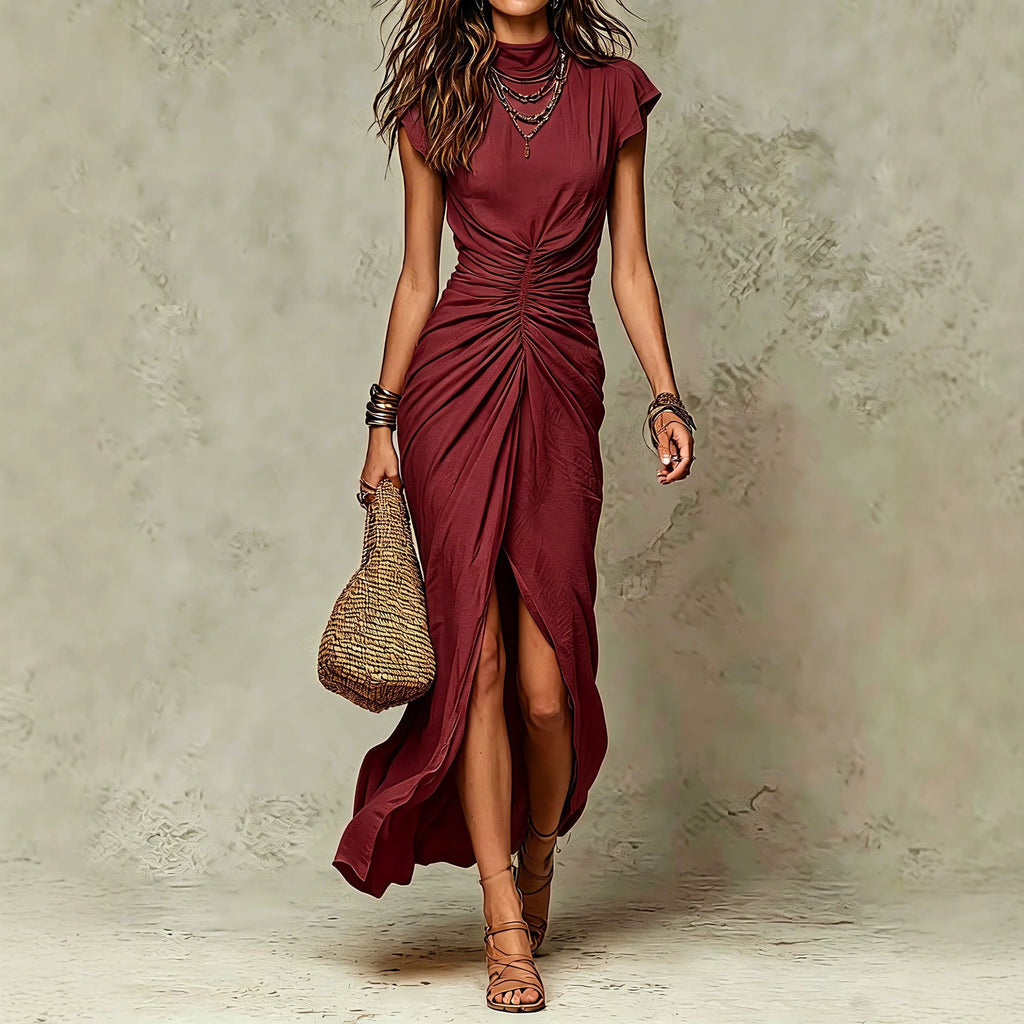 Half-high Neck Pleated Slit Maxi Evening Gown Dress by Ricaloux