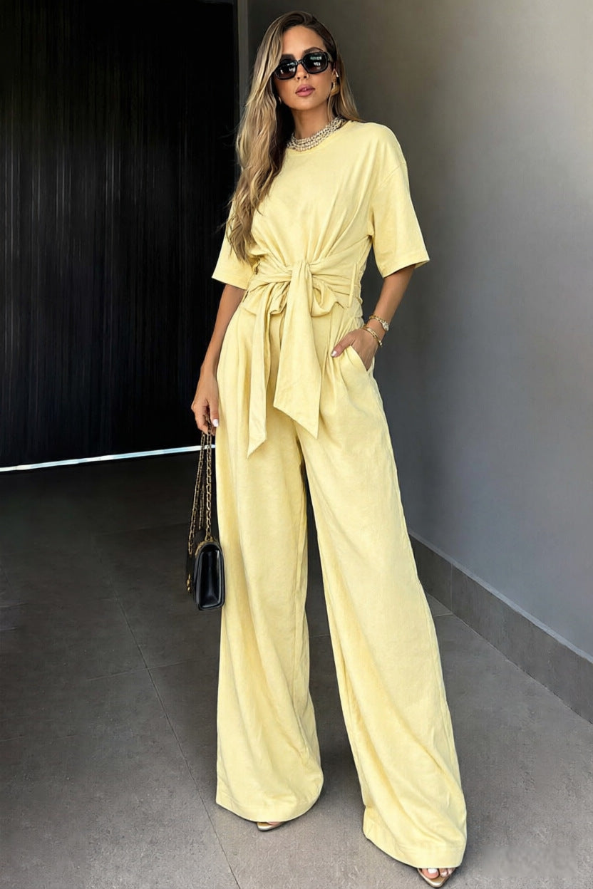 Round-neck Short-sleeve Top And Loose Wide-leg Pants Set – Premium 0 | RICALOUX