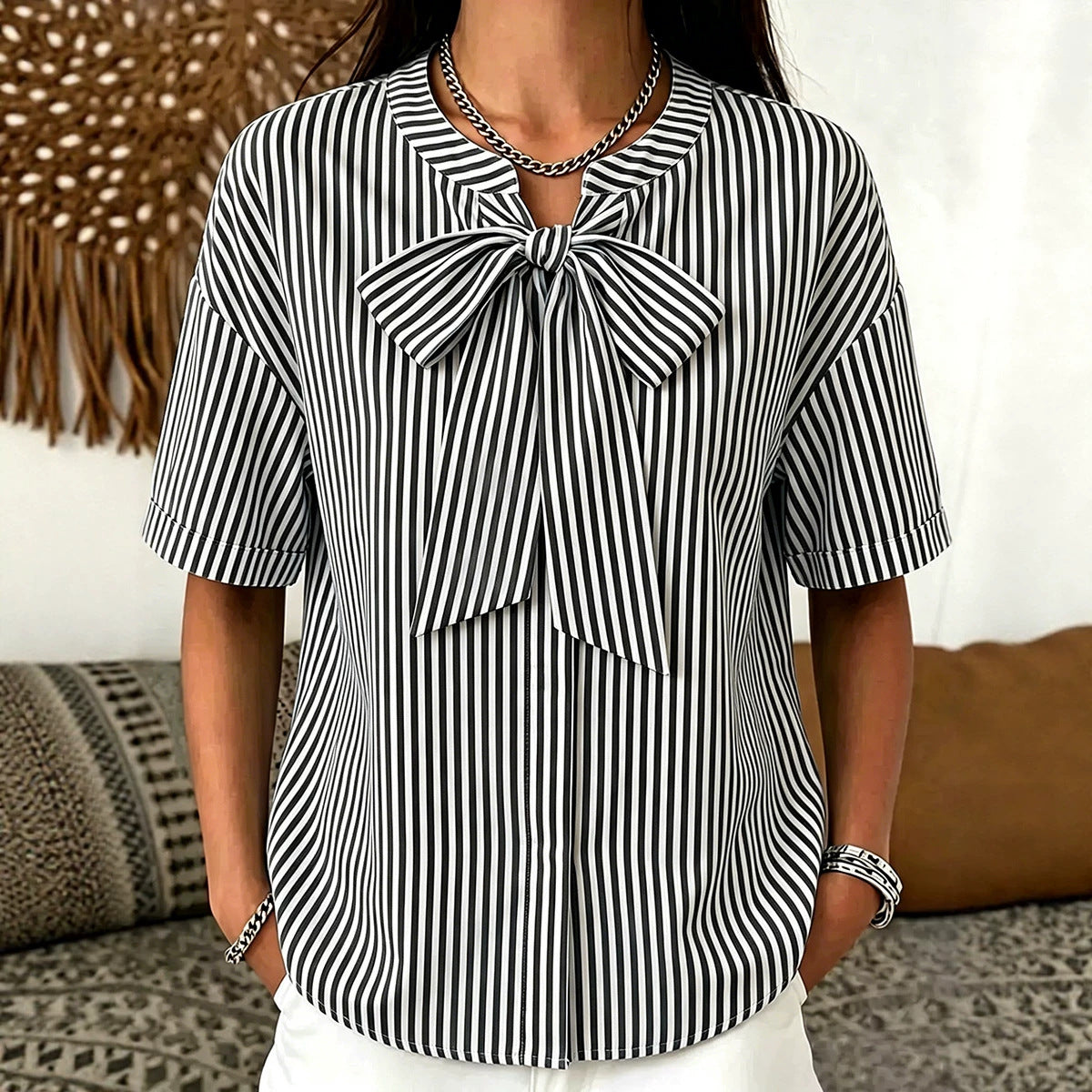 Simple Striped Casual Short-sleeve Shirt With A Bow Tie by Ricaloux