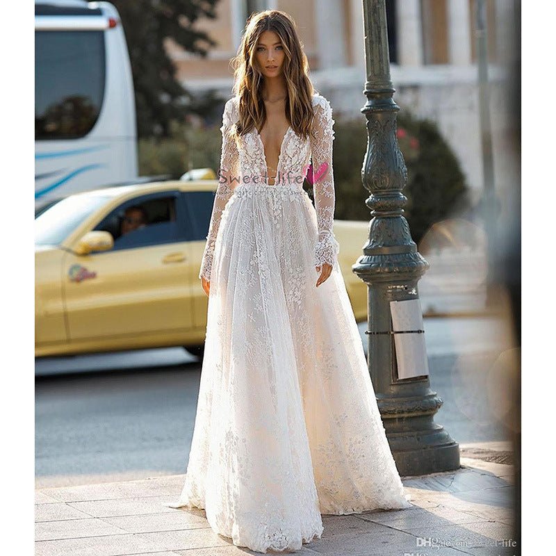 Women's Wedding Dress Lace Long Sleeve Dinner Party Gown - RICALOUX