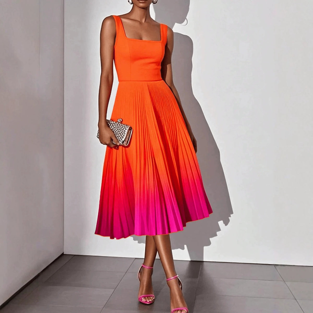 Square-neck Mid-length Dress With Gradient Pleats – Premium 0 | RICALOUX