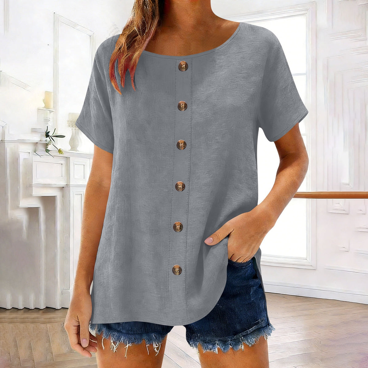 Womens Elegant And Fashionable Solid-color Round-neck Short-sleeve Top by Ricaloux