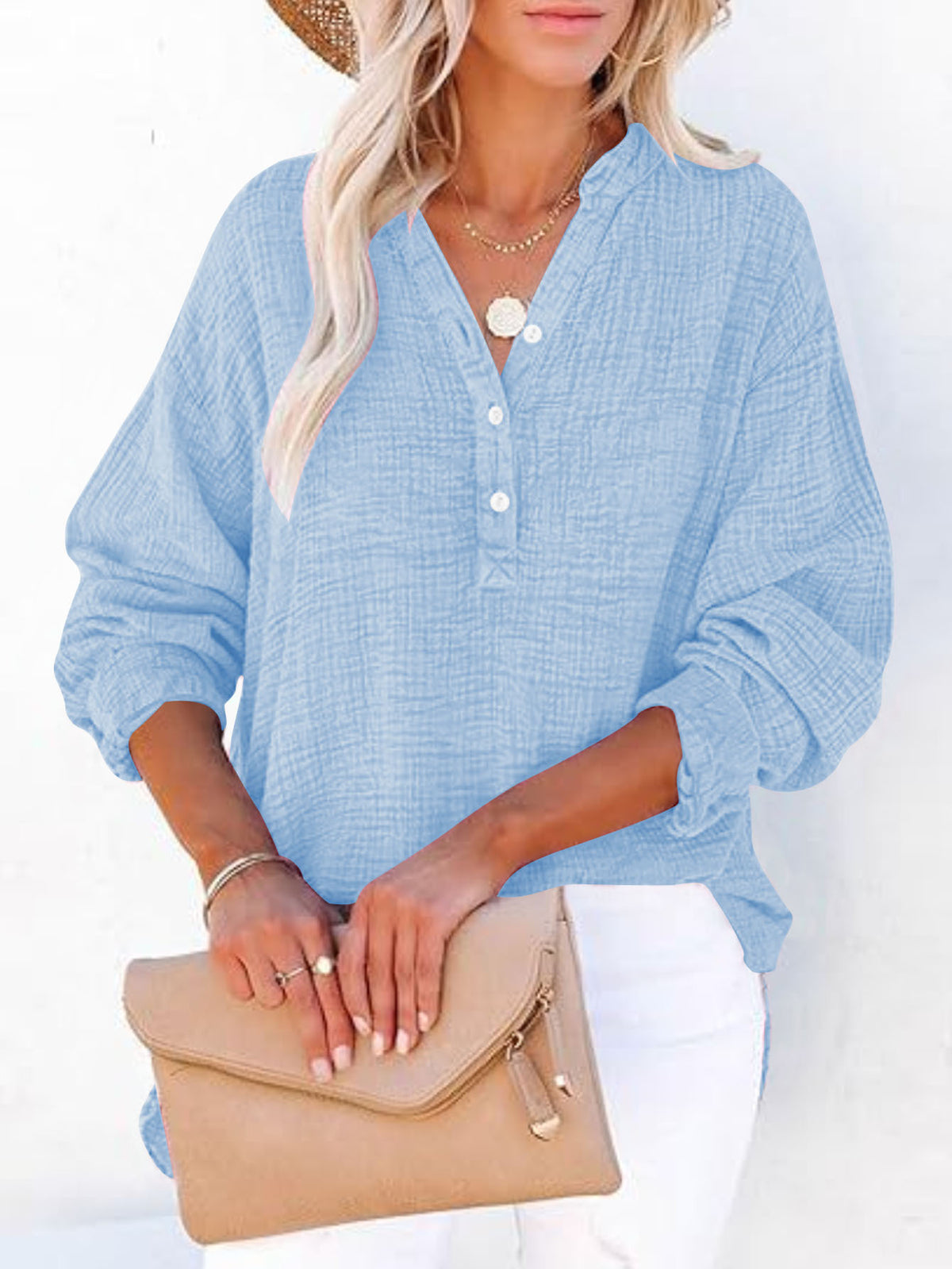 Women's Casual V-Neck Long Sleeve Blouse - Loose Fit Textured Cotton Henley Shirt For Summer – Premium 4 | RICALOUX