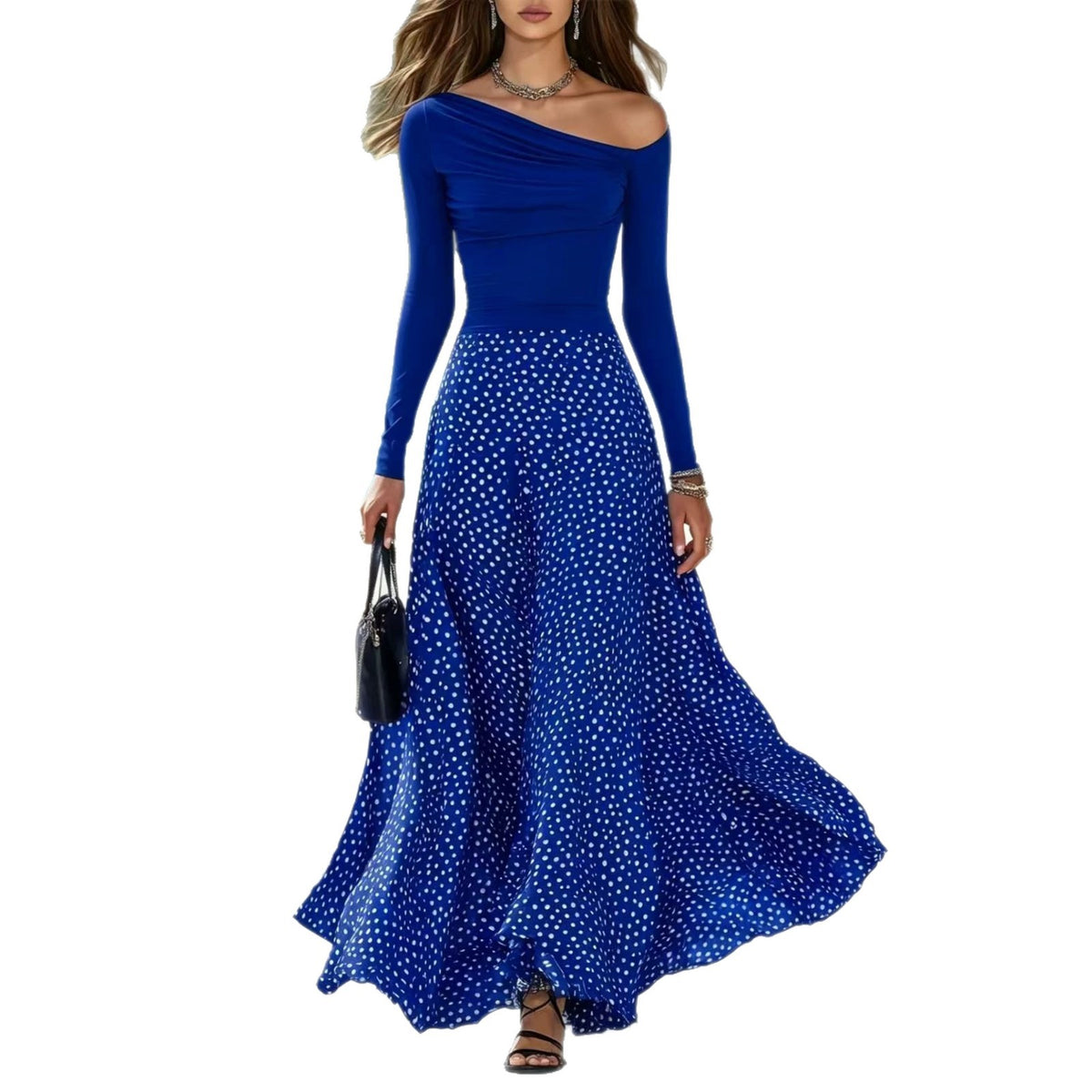 Autumn New Arrival Resort-Style One-Shoulder Long-Sleeve Polka-Dot Maxi Dress Set – Premium 0 | RICALOUX