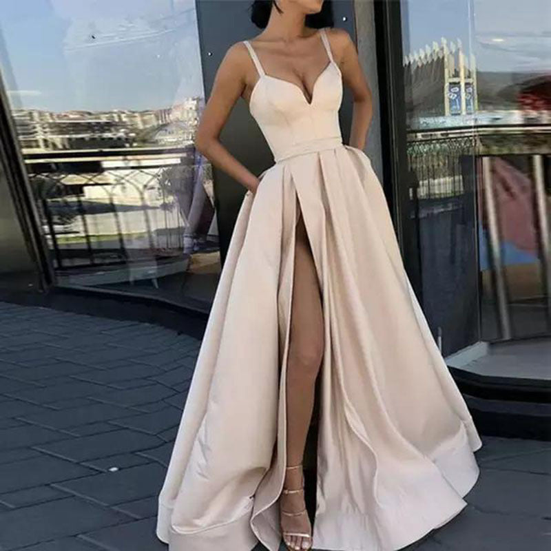 Slimming Color Slip Dress With A Trailing Satin Evening Gown For Banquets by Ricaloux
