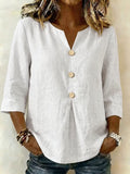 Solid-color V-neck Three-quarter-sleeve Casual Loose-fit Cotton-linen Top by Ricaloux