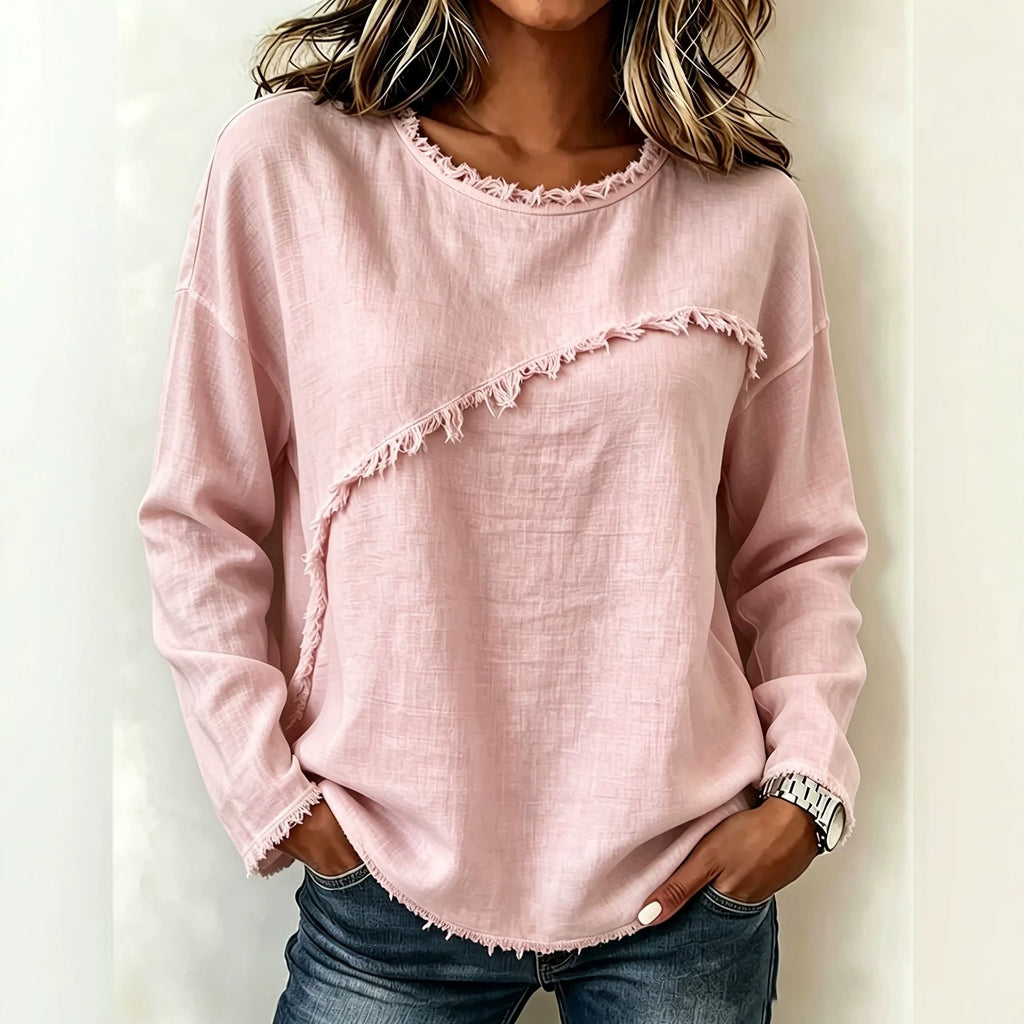 Round-neck Patchwork Lace Long-sleeve T-shirt Casual Top by Ricaloux