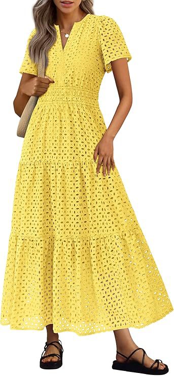 Womens Short-Sleeve V-Neck Hollow-Out Dress by Ricaloux