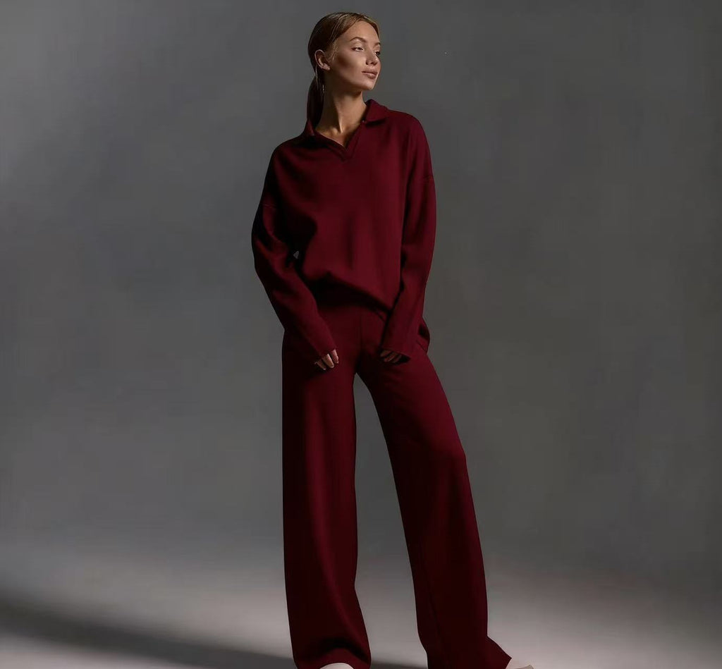 Womens Solid-color Polo-collar Wide-leg Pants Set by Ricaloux