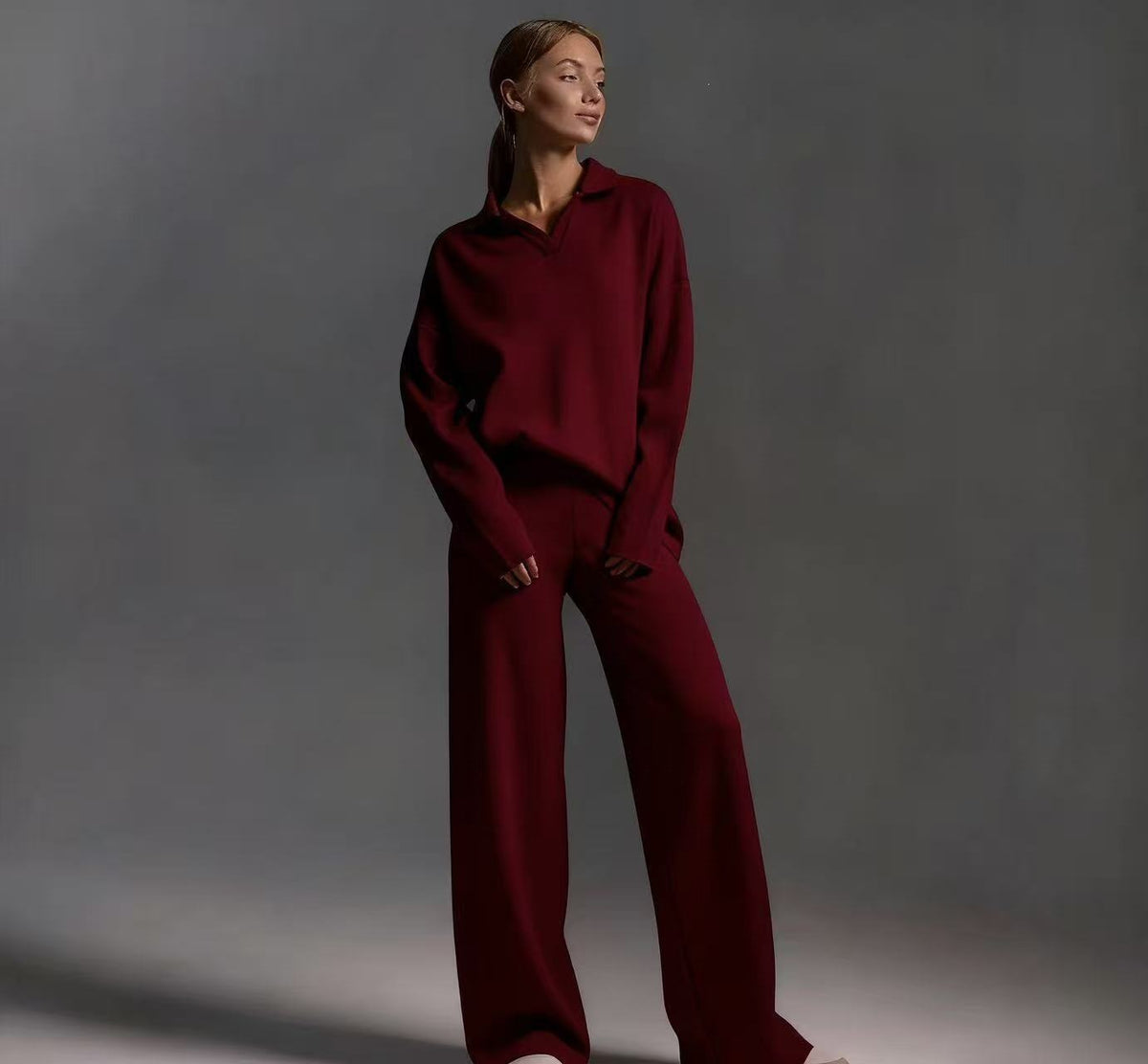 Womens Solid-color Polo-collar Wide-leg Pants Set by Ricaloux