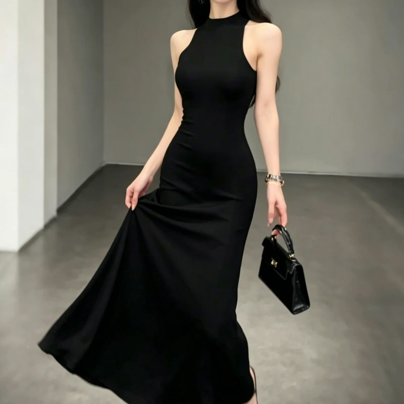 Black Halter-neck Slit Mid-length Sleeveless Dress – Premium 0 | RICALOUX