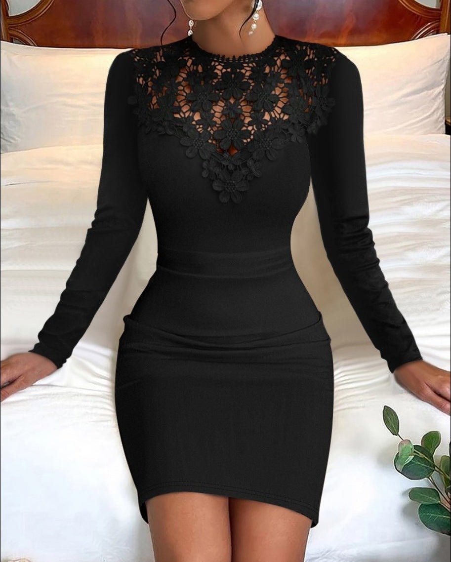 Round Neck Lace Long Sleeve Narrow Waist Dress Women's Clothing - RICALOUX