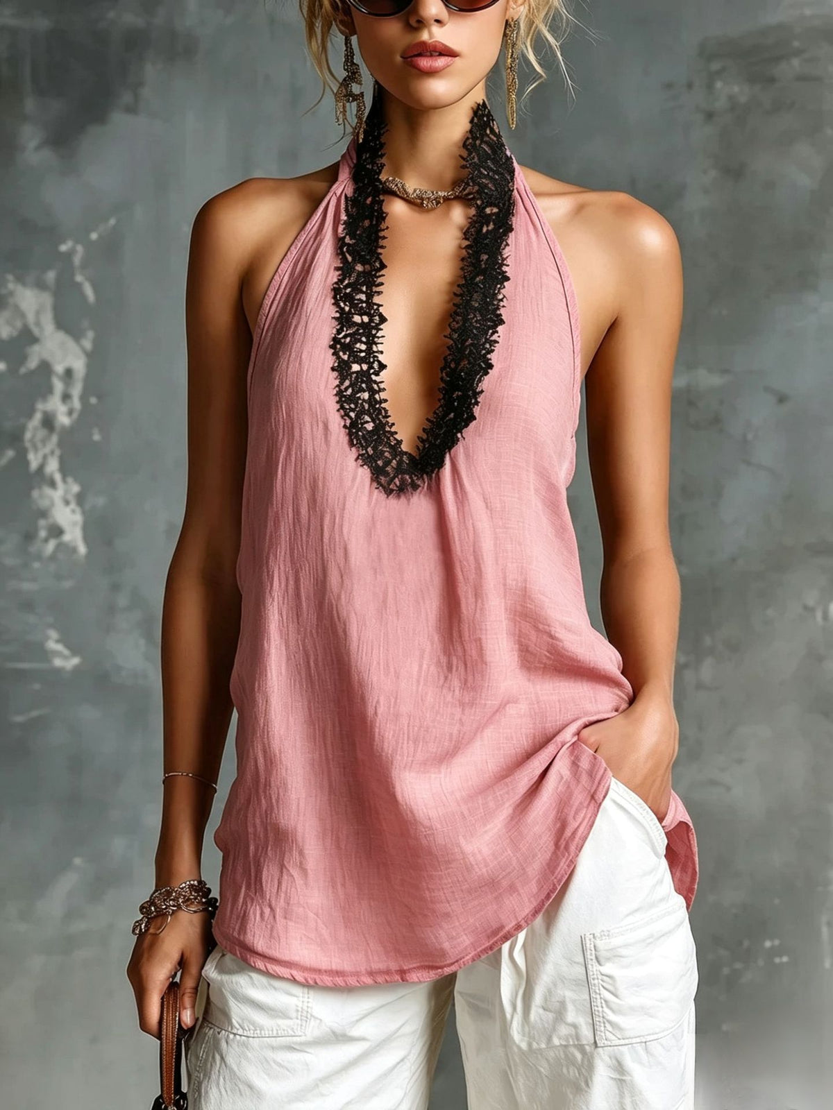 V-neck Sleeveless Halter Lace-trimmed Cotton-linen Vest by Ricaloux