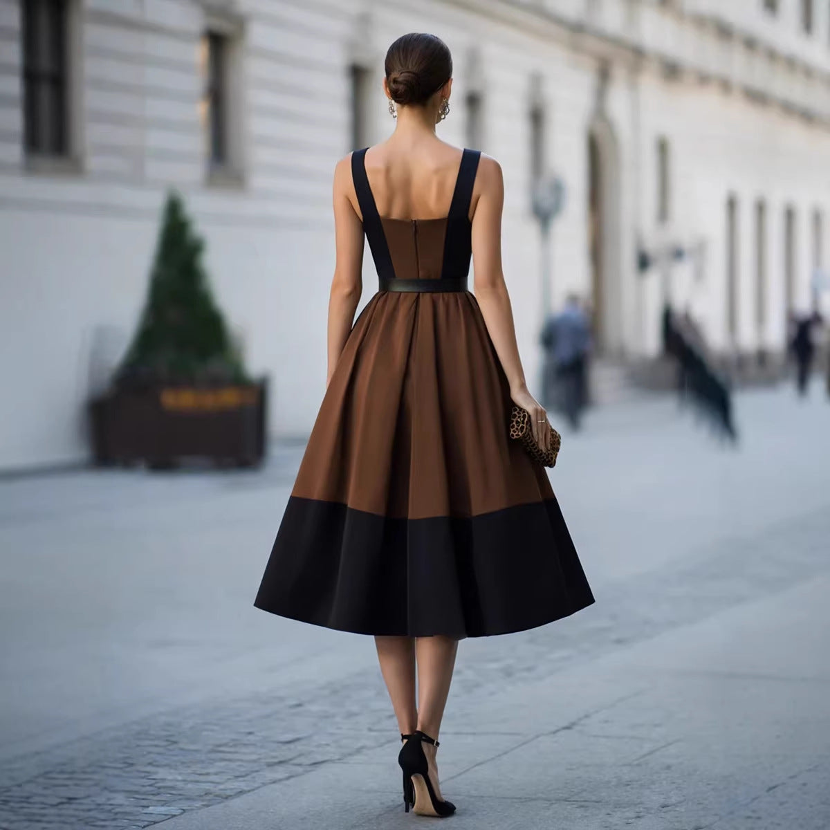 Retro-style Patchwork Wide-strap Waist-cinching Figure-flattering Refined Workwear Dress – Premium 0 | RICALOUX