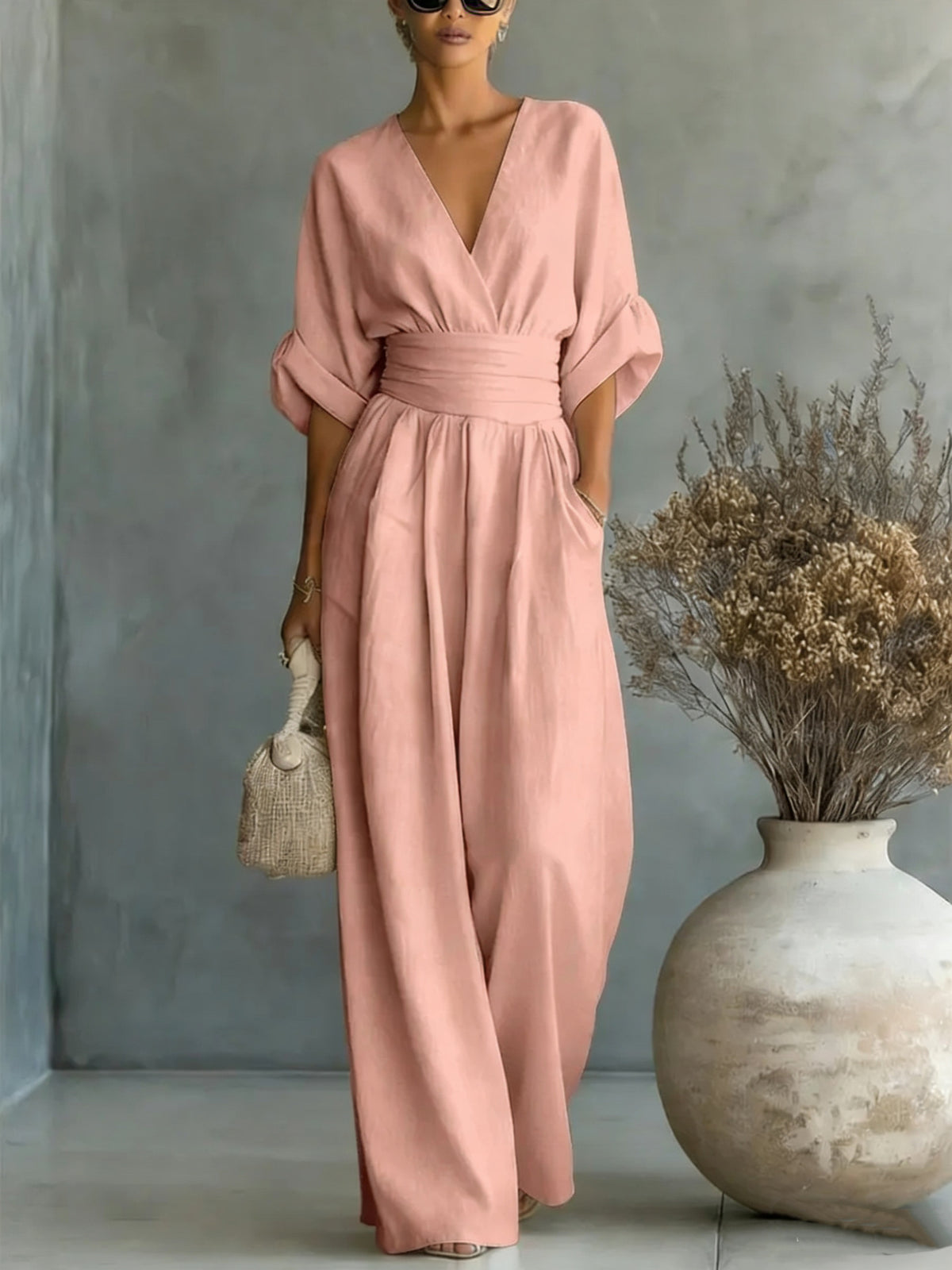 Summer Short-sleeved Jumpsuit Fashion Casual V-Neck Wide-Leg Pants Womens Clothing by Ricaloux