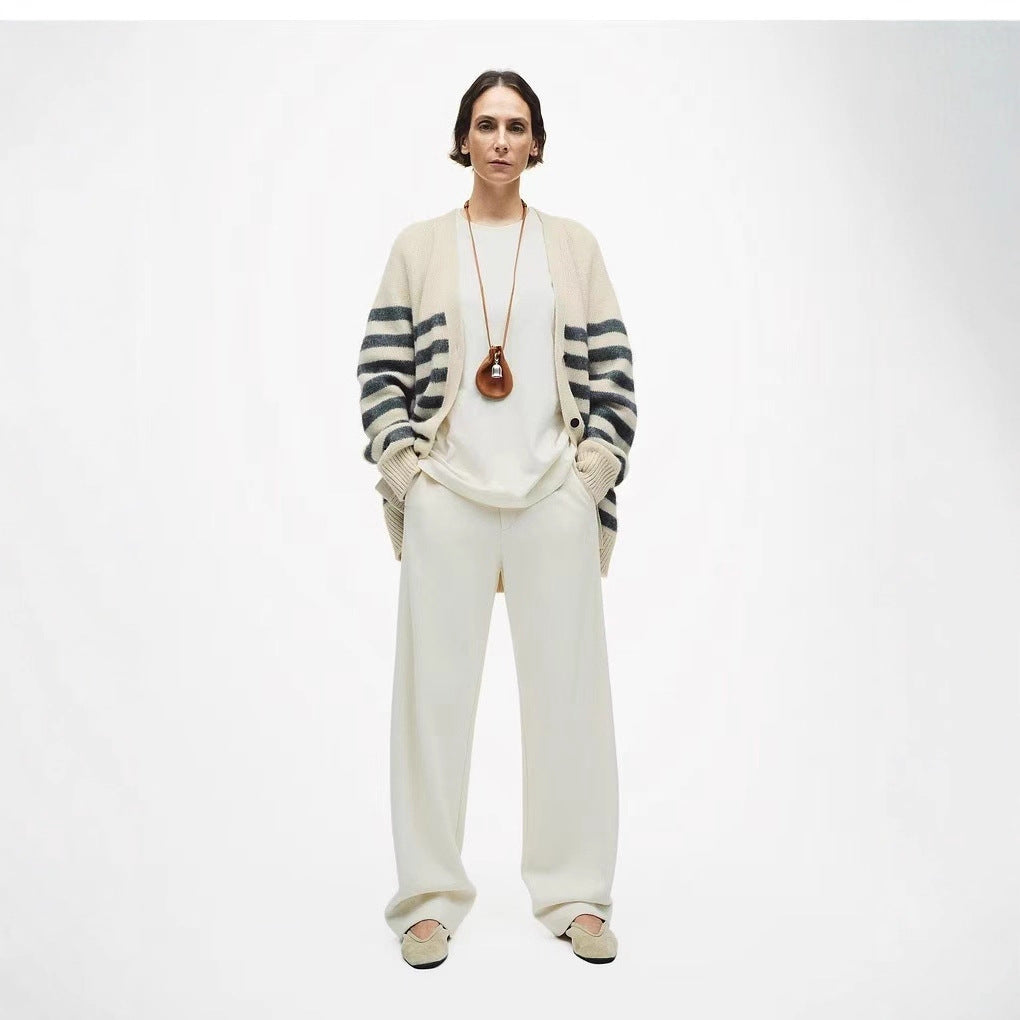 Womens Striped Wool Color-Block Knitted Cardigan Coat by Ricaloux