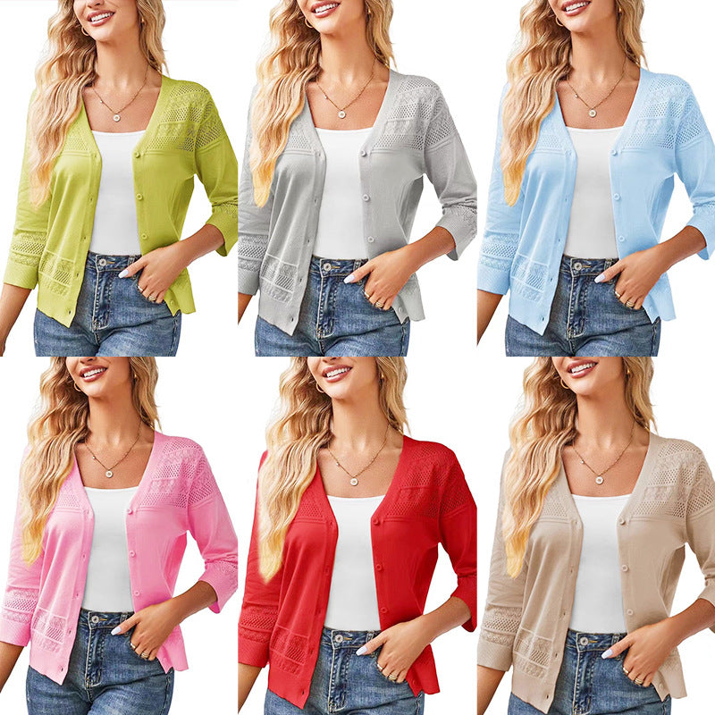 V-neck Cropped Outerwear Hollow-out Knit Cardigan by Ricaloux