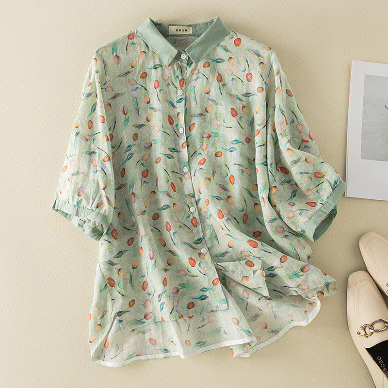 Literary Vintage Lightweight Breathable Short-sleeve Printed Shirt by Ricaloux