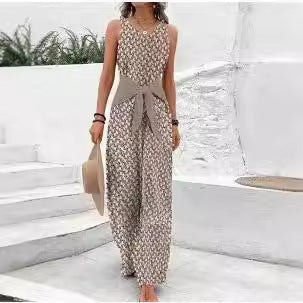 Womens Best-selling Waist-cinching Adjustable-lace-up Printed Jumpsuit by Ricaloux