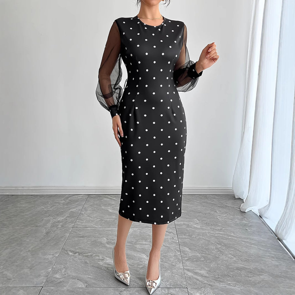 Round-neck Polka-dot Dress With Mesh Sleeves by Ricaloux